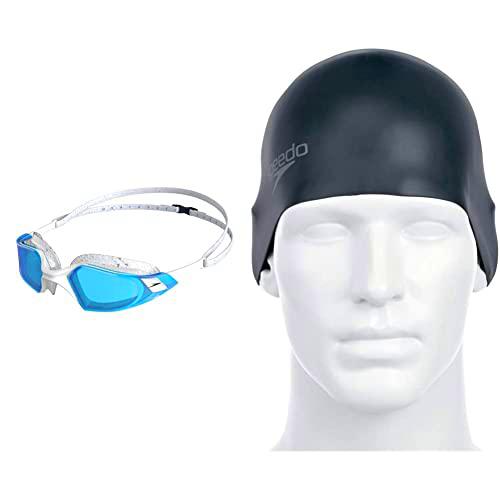 Speedo Gafas Aquapulse Pro adulto unisex, Pool/Blanco/Azul + Plain Moulded Gorro de natación