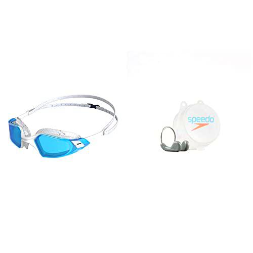 Speedo Gafas Aquapulse Pro adulto unisex, Pool/Blanco/Azul + Pinza de Nariz Natación Piscina y Playa